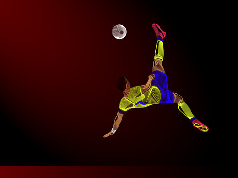 The image of a football player created with Vector Line art technique. Player number seven doing bicycle kick