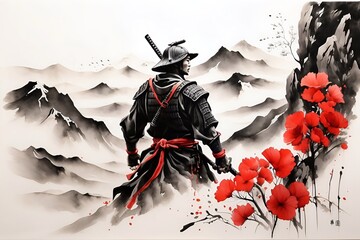Japanese Samurai Warrior Ink Painting Art Style - obrazy, fototapety, plakaty