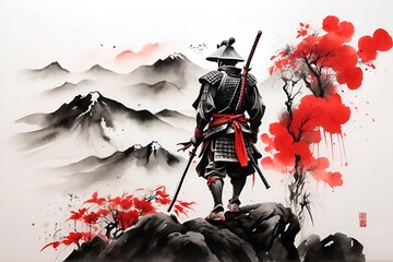 Japanese Samurai Warrior Ink Painting Art - obrazy, fototapety, plakaty