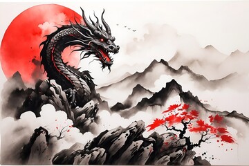 Japanese Dragon in the Mountains Ink Painting Art