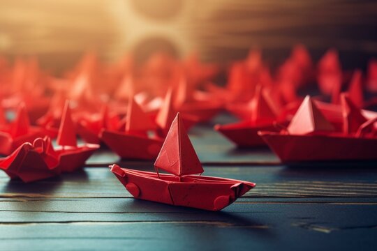 an image showing the idea of leadership and teamwork with red paper ships. Generative AI