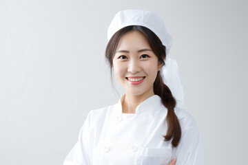 a woman in a white uniform is smiling