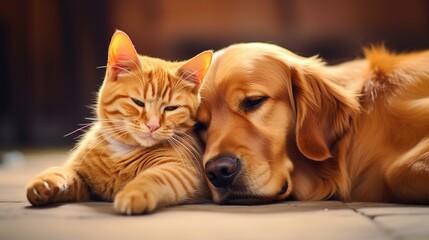 Cat and dog sleeping together. Golden Retriever. pets. Love and friendship.