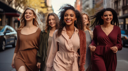 A group of beautiful young women of different nationalities on a walk in the city