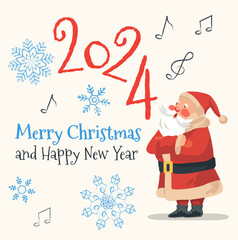 Merry Christmas and Happy New Year 2024 greeting card with Santa Claus. Vector illustration.