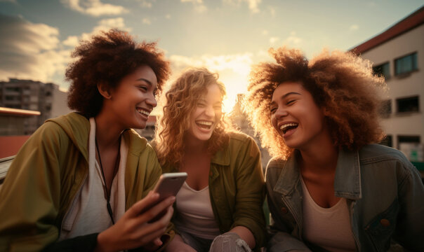 Diverse woman friends having fun sharing together social media with smartphone