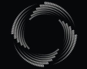  White halftone dots in vortex form. Geometric art. Trendy design element.Circular and radial lines volute, helix.Segmented circle with rotation.Radiating arc lines