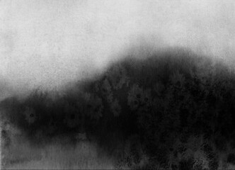 Hand painted landscape. Versatile artistic image for creative design projects: posters, banners, cards, covers, magazines, prints, wallpapers. Ink and charcoal on cardboard. Artist-made art, no AI.