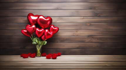 bouquet de ballons rouges en forme de cœur sur un fond bois	
 - obrazy, fototapety, plakaty