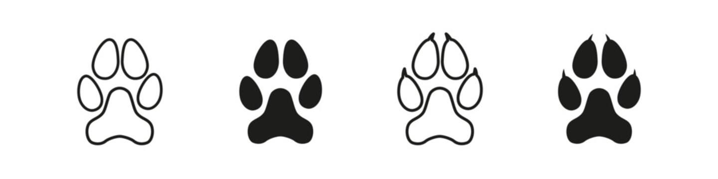 Paw footprint. Dog cat foot print. Pet foot trace vector set. Isolated animal footprint on white background.