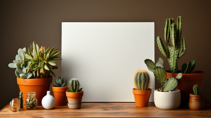 Photo frame mockup with cactus in pot on white wooden table. Photo frame template with copy space for design, poster or picture, aesthetic home decoration, cozy scandinavian style