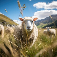 Fototapeta premium Sheep in a grassy field and a mountain in the background. 