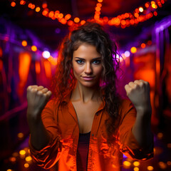 Naklejka premium Portrait of a beautiful woman activist with raised fists, fighting for women's rights