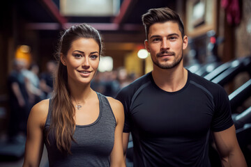 couple fitness man and woman in sportswear standing in gym club. personal trainer. healthy lifestyle - obrazy, fototapety, plakaty