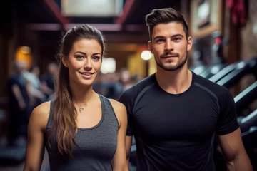 Foto op Plexiglas couple fitness man and woman in sportswear standing in gym club. personal trainer. healthy lifestyle © zamuruev