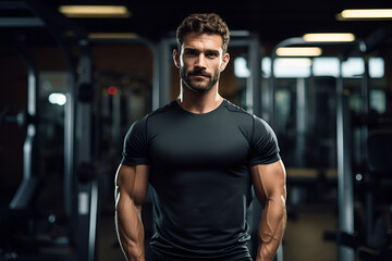 Fototapeta na wymiar A motivated man working out in the gym, looking confidently at the camera