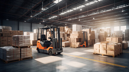 Forklift Operations: Loading Pallets and Boxes in Warehouse - obrazy, fototapety, plakaty