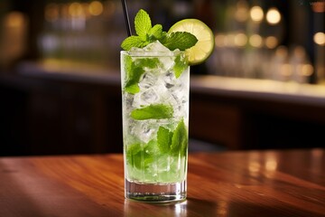 Timeless Refreshment: Classic Mojito Cocktail on Bar Counter