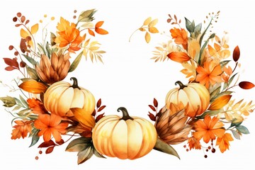 Thanksgiving Harvest Delight: Festive Wreath with Leaves and Pumpkins - Watercolor Style
