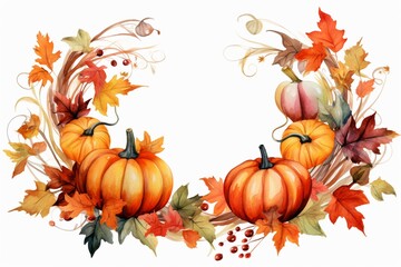 Obraz na płótnie Canvas Thanksgiving Harvest Delight: Festive Wreath with Leaves and Pumpkins - Watercolor Style