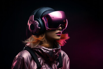 A woman wearing a VR headset against colorful backgrounds, in dark pink and amber style, creating neonpunk vibes.