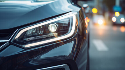 Headlight, vehicle and car for dealership salon, car sales and service repair in city streets at night. Close-up, lights and bokeh of modern and sleek automobile for ownership, competition or mechani - obrazy, fototapety, plakaty