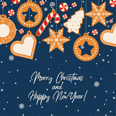 Fototapeta na wymiar Merry Christmas and Happy New Year greeting card with different shapes of gingerbread cookies: christmas ball, heart, star, tree, candy cane; candies and falling snow with snowflakes