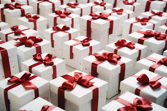 Festive Gift Extravaganza: White and Red Boxes with Bows for Christmas Sale