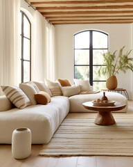 Corner sofa with pillows against arched window. Boho ethnic home interior design of modern living room.