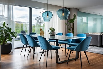 Contemporary Blue Elegance: Dining Room Interior with Stylish Chairs