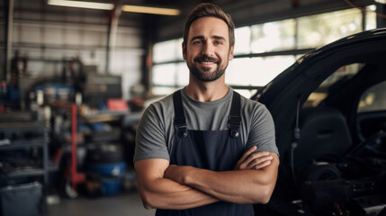 Fototapeta na wymiar Professional portrait, mechanic or man with arms crossed in engineer or garage workshop. Confident, male or smiling for car service repair and engineer and automobile industry