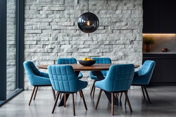 Contemporary Blue Elegance: Dining Room Interior with Stylish Chairs