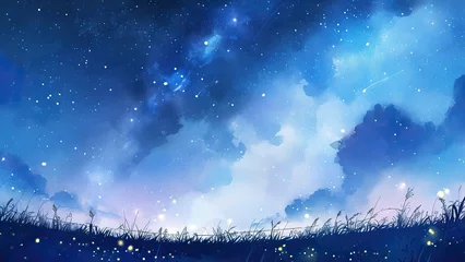 Foto op Plexiglas 草原の上の星空と蛍_2　Generative AI © mamemo