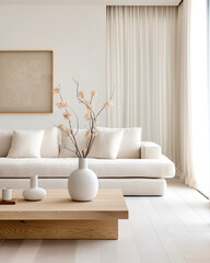 Vase with blossom twig on wooden coffee table near white sofa with pillows against window. Minimalist scandinavian home interior design of modern living room.