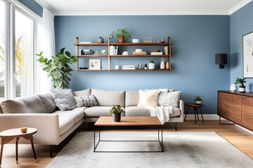 Wooden cabinet, beige corner sofa and book shelf on blue wall. Scandinavian home interior design of modern living room.