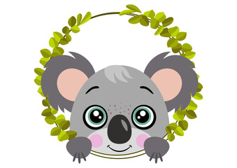 Friendly koala peeking out of round leaves frame