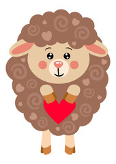 Funny brown sheep holding a heart