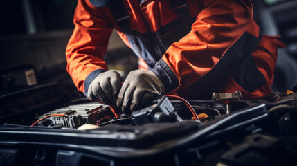 Professional, mechanic or man working on vehicle or car engine. Close-up, hands and crop for car parts and automobile service repair in a engineer or garage workshop - obrazy, fototapety, plakaty
