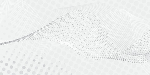 Abstract halftone dotted background.Light grey abstract background, vector wave of flowing particles, curvy lines of dots in motion,digital futuristic illustration, nano  technology theme.