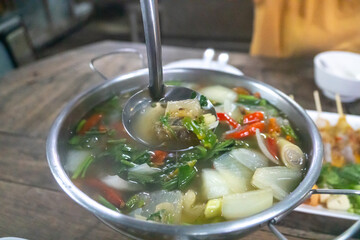 Spicy n-kaew soup is a spicy and intense-flavored Thai dish. 
It is known for its hot and sour taste and is a favorite among Thai people.