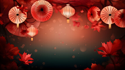 Fototapeta na wymiar Chinese lanterns on a background of fairy lights and fans