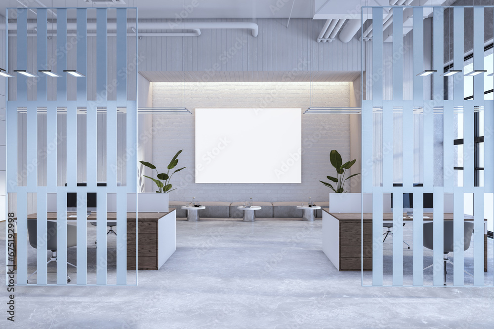 Poster modern light coworking office interior with empty white mock up banner and suspended partitions. 3d 