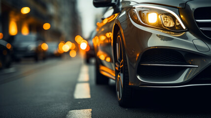 Naklejka premium Headlight, vehicle and car for dealership salon, car sales and service repair in city streets at night. Close-up, lights and bokeh of modern and sleek automobile for ownership, competition or mechani
