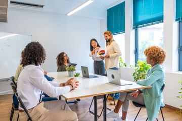 Colleagues using graphs to present a project in a hub