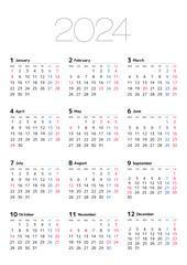 月曜始まりの2024年カレンダー 縦