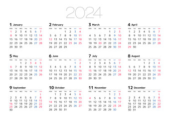 月曜始まりの2024年カレンダー 横