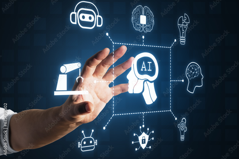 Poster close up of businessman hand using creative glowing ai hologram with digital human head on dark back