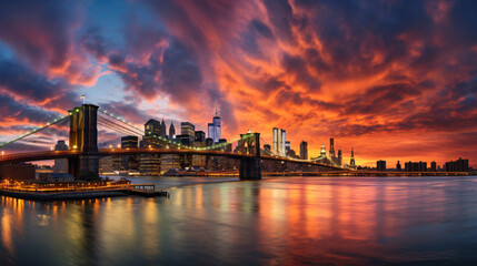 New York City sunset over manhattan and brooklyn