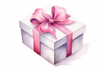Obraz premium White Gift Box with Pink Ribbon - Watercolor Style