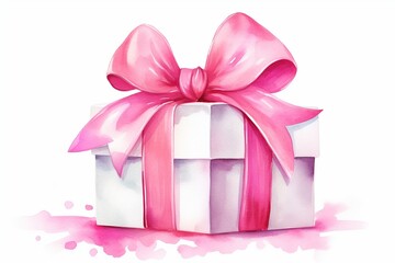 White Gift Box with Pink Ribbon - Watercolor Style